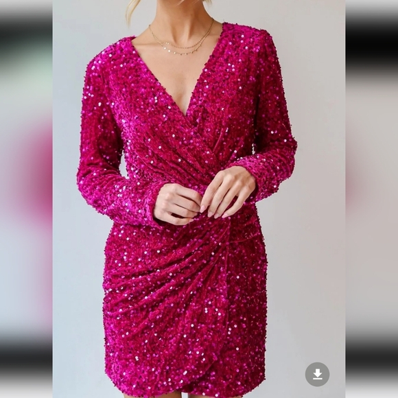 Sequin Surplice Long Sleeve Mini Dress - Picture 1 of 5